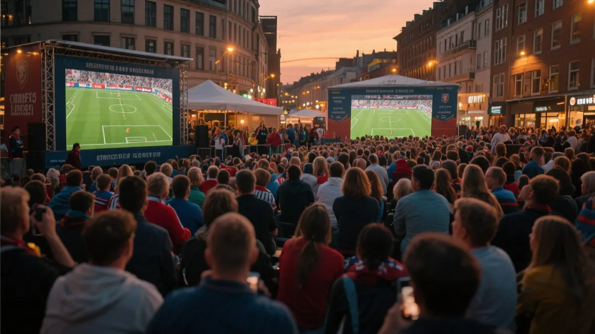 球迷在城市广场观看比赛并进行互动消费的场景